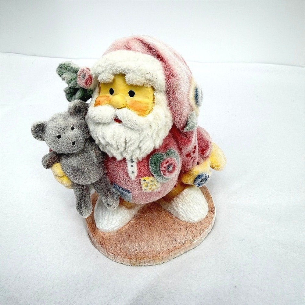 Christmas Place Frosted Santa Figurine Teddy Bear Flocked Holiday Decor Trinket